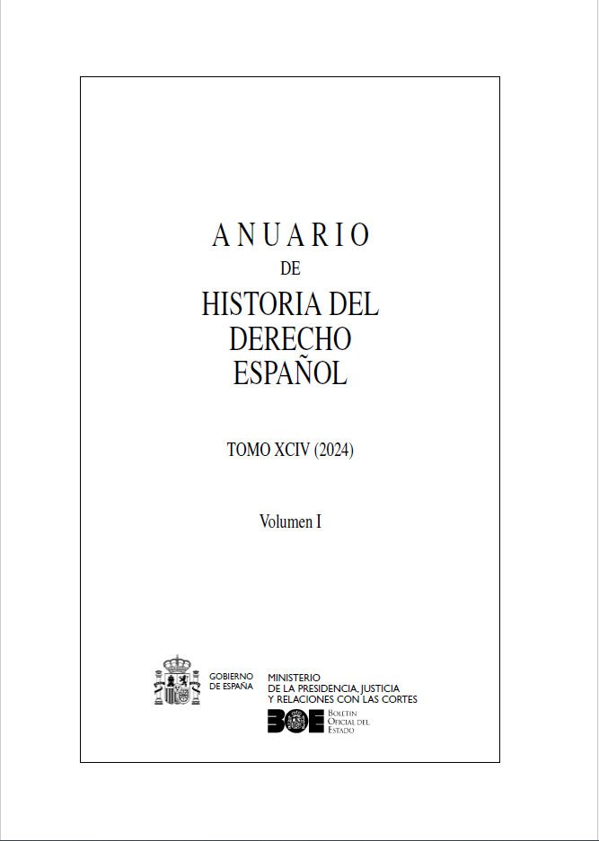 Imagen de la cubierta del Anuario de Historia del Derecho Español Tomo 94 volumen 2 del año 2024 con los logos de los editores: ministerio de la presidencia, justicia y relaciones con las cortes y Boletín Oficial del Estado