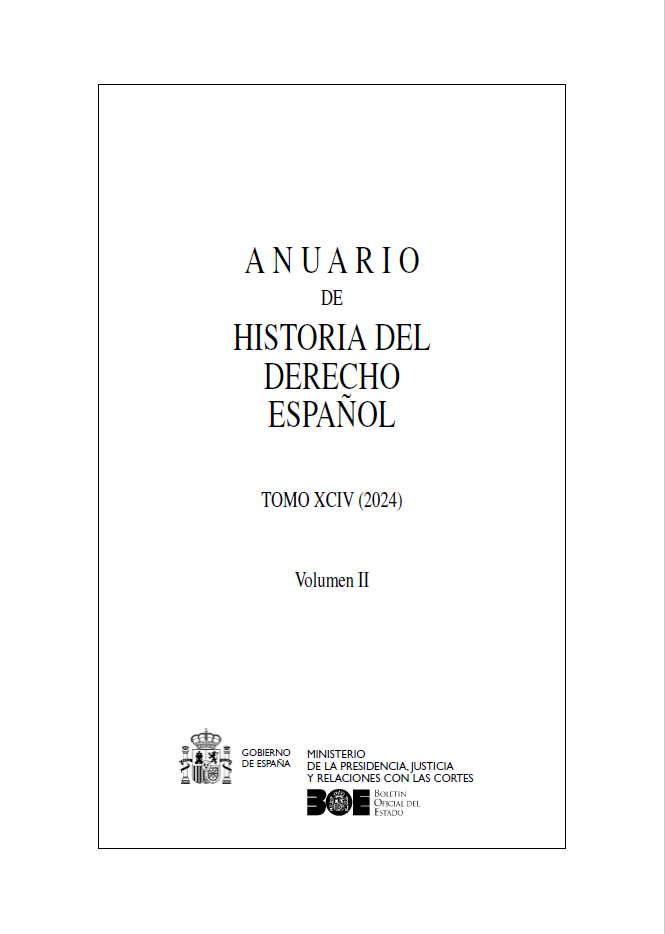 Imagen de la cubierta del Anuario de Historia del Derecho Español Tomo 94 volumen 2 del año 2024 con los logos de los editores: ministerio de la presidencia, justicia y relaciones con las cortes y Boletín Oficial del Estado